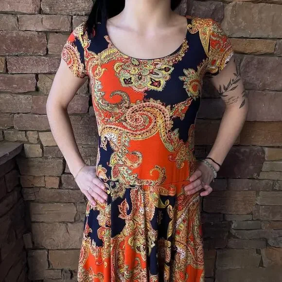 Ralph Lauren Jersey Paisley Orange Navy Blue Fit and Flare Dress Petite Small - Picture 6 of 9